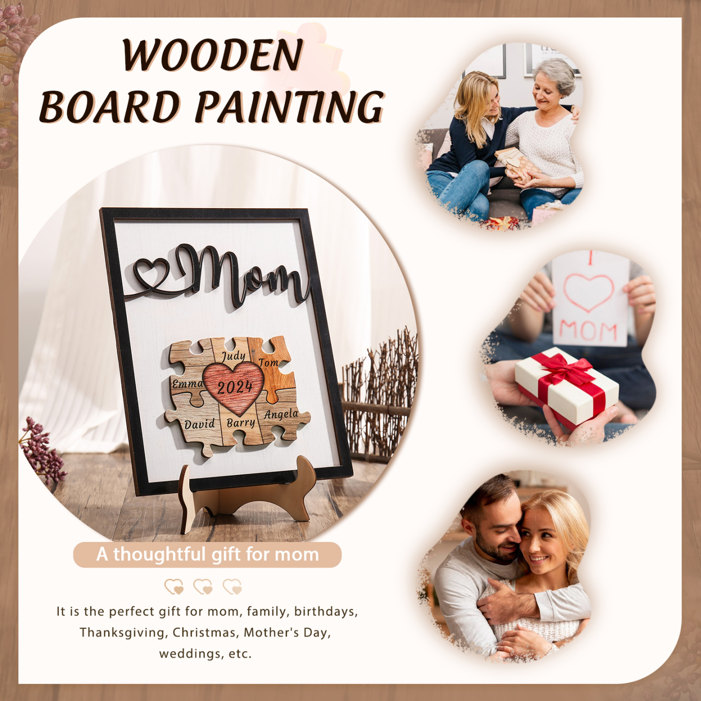 6 Names - Personalized Customizable Vintage Home Frame Wooden Decor Heart Puzzle Wooden Board Painting for Mom
