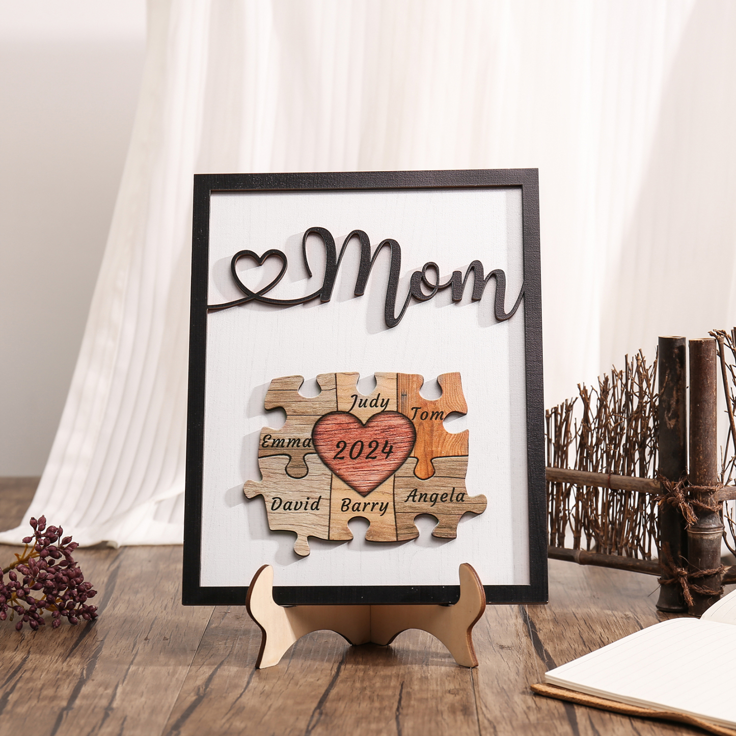 6 Names - Personalized Customizable Vintage Home Frame Wooden Decor Heart Puzzle Wooden Board Painting for Mom