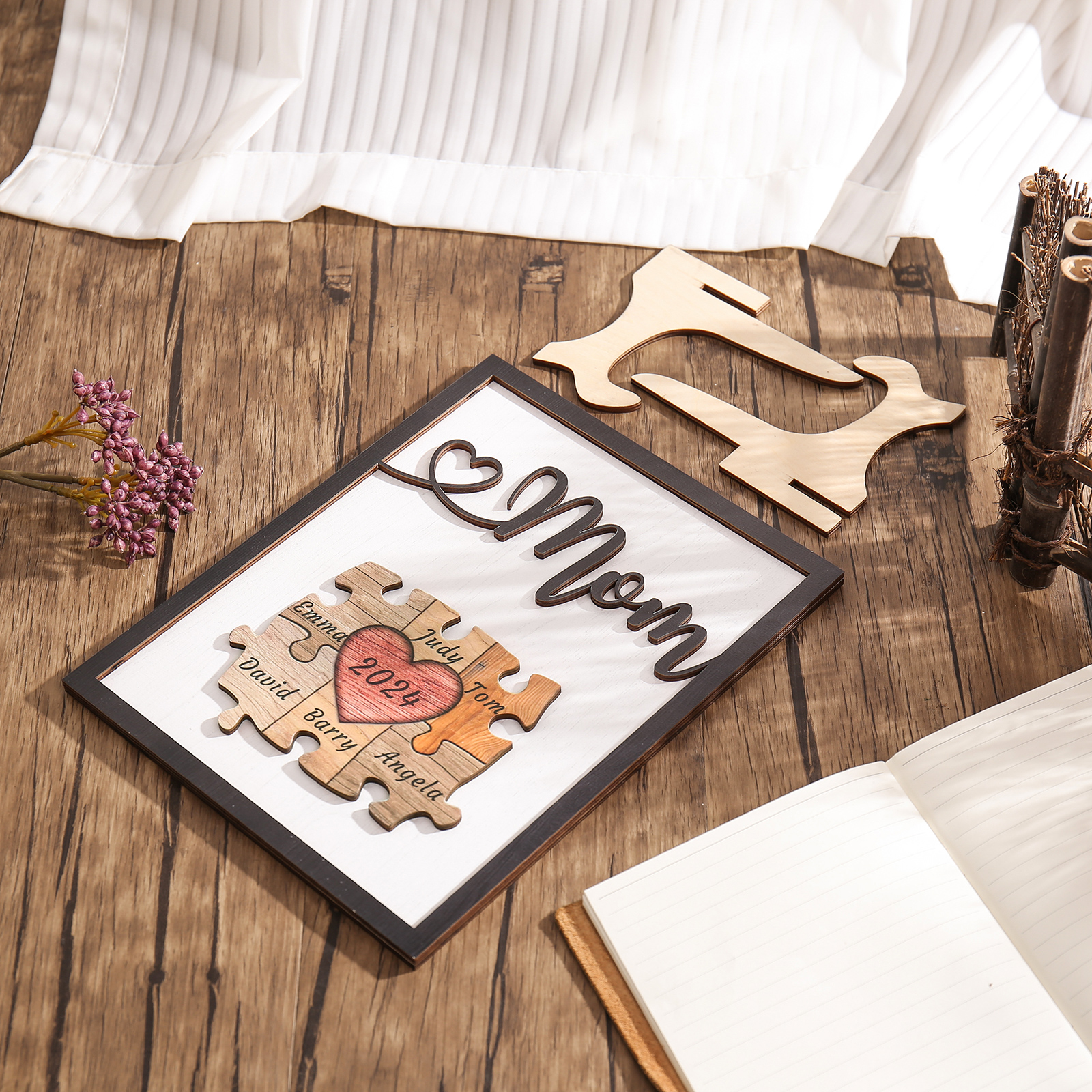 6 Names - Personalized Customizable Vintage Home Frame Wooden Decor Heart Puzzle Wooden Board Painting for Mom