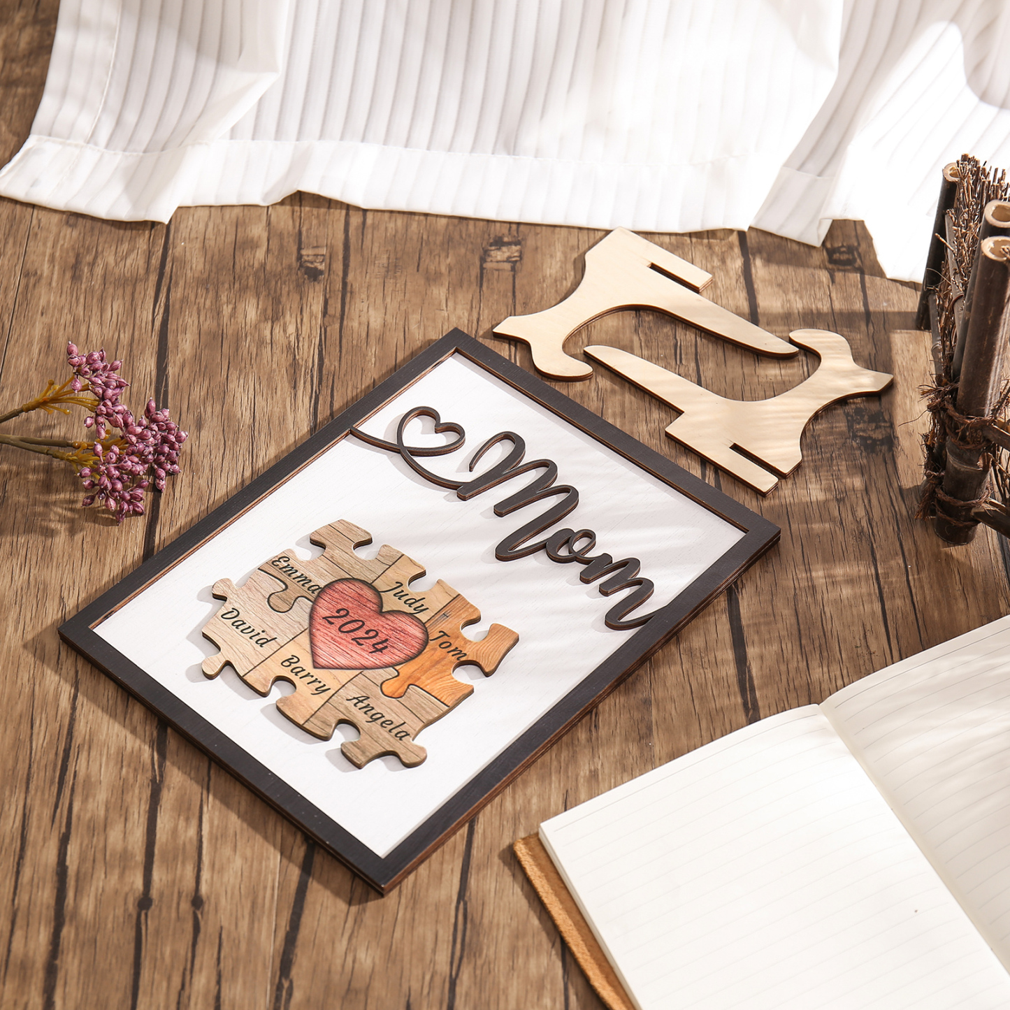 6 Names - Personalized Customizable Vintage Home Frame Wooden Decor Heart Puzzle Wooden Board Painting for Mom