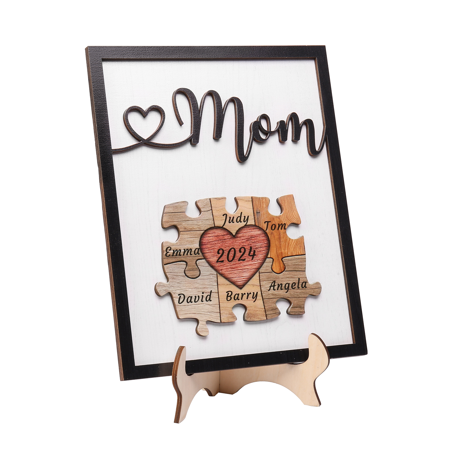 6 Names - Personalized Customizable Vintage Home Frame Wooden Decor Heart Puzzle Wooden Board Painting for Mom
