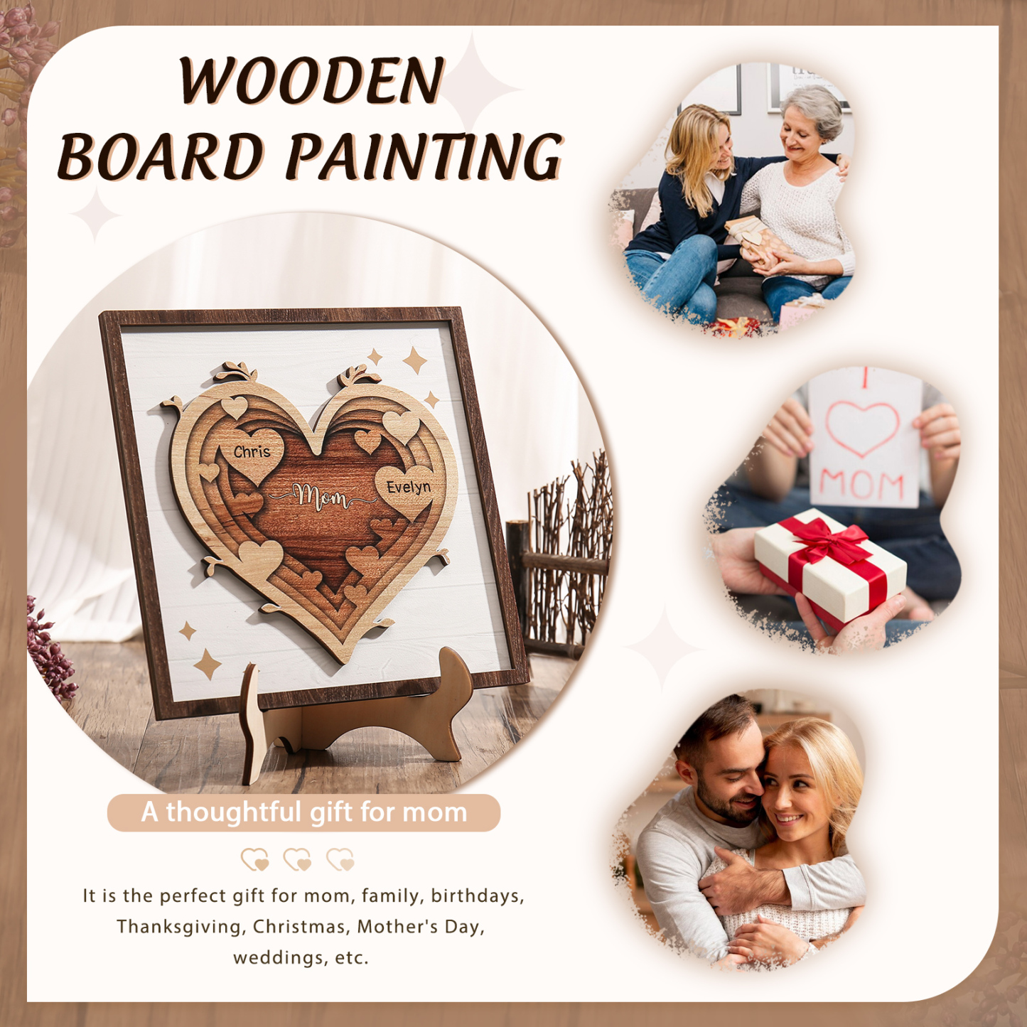 2 Names - Personalized Heart Vintage Wooden Wooden Painting, Home Frame Wooden Decor for Mom