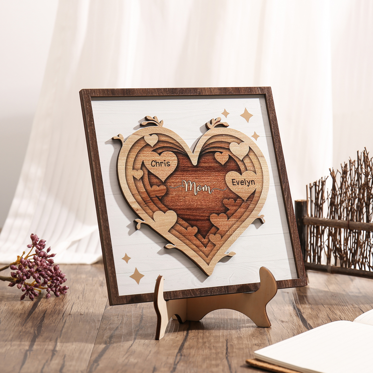 2 Names - Personalized Heart Vintage Wooden Wooden Painting, Home Frame Wooden Decor for Mom
