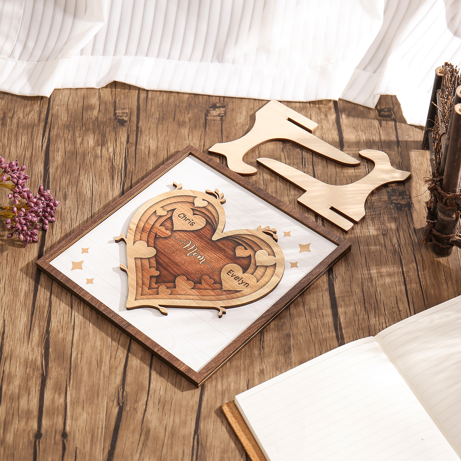 2 Names - Personalized Heart Vintage Wooden Wooden Painting, Home Frame Wooden Decor for Mom