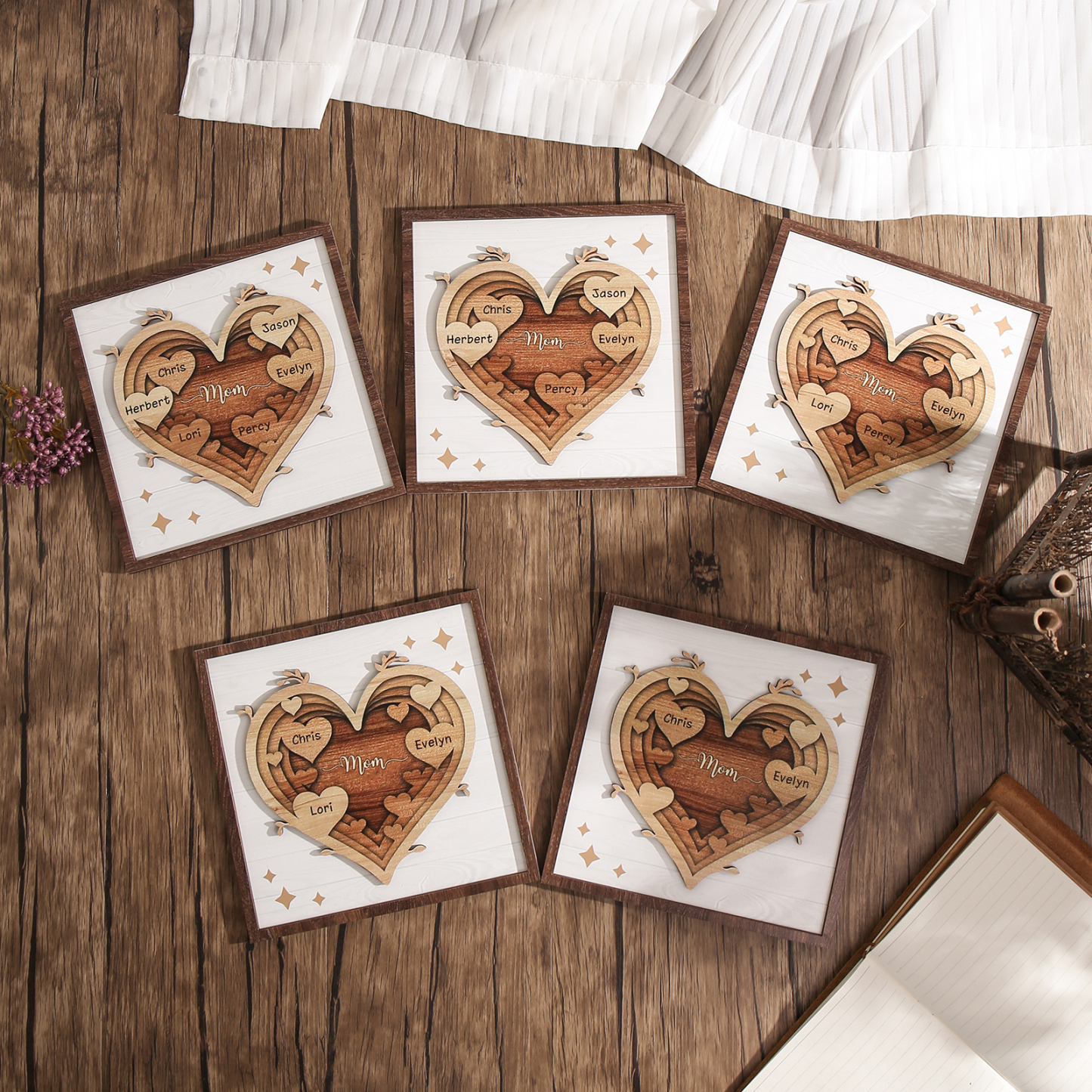 3 Names - Personalized Heart Vintage Wooden Wooden Painting, Home Frame Wooden Decor for Mom