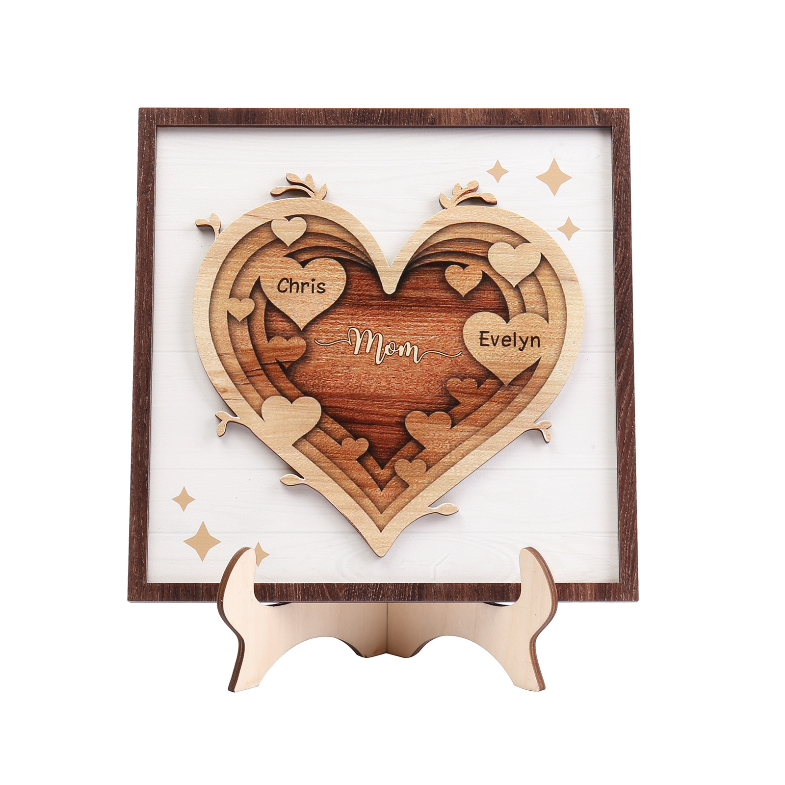 2 Names - Personalized Heart Vintage Wooden Wooden Painting, Home Frame Wooden Decor for Mom