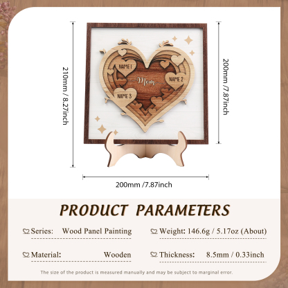 3 Names - Personalized Heart Vintage Wooden Wooden Painting, Home Frame Wooden Decor for Mom