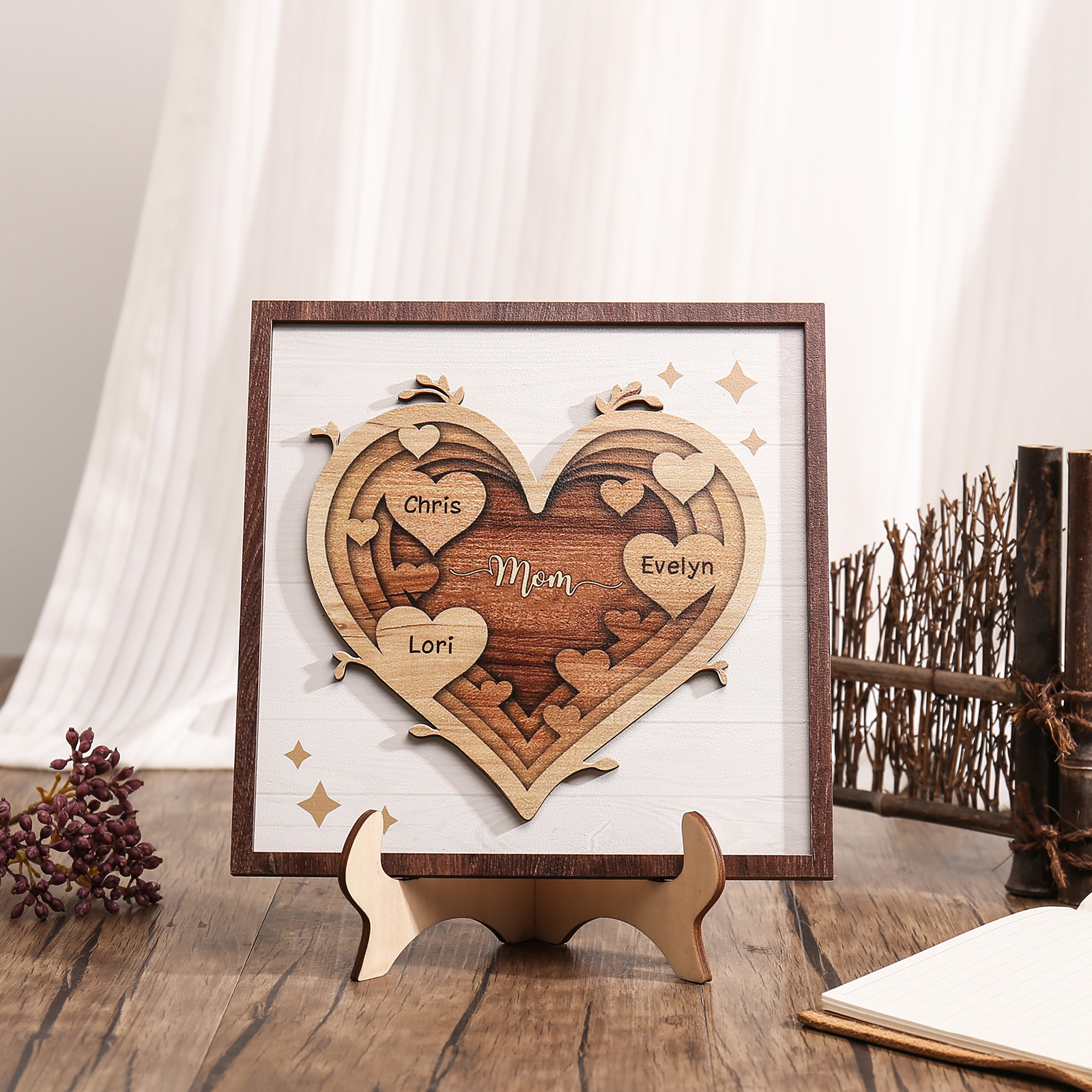 3 Names - Personalized Heart Vintage Wooden Wooden Painting, Home Frame Wooden Decor for Mom