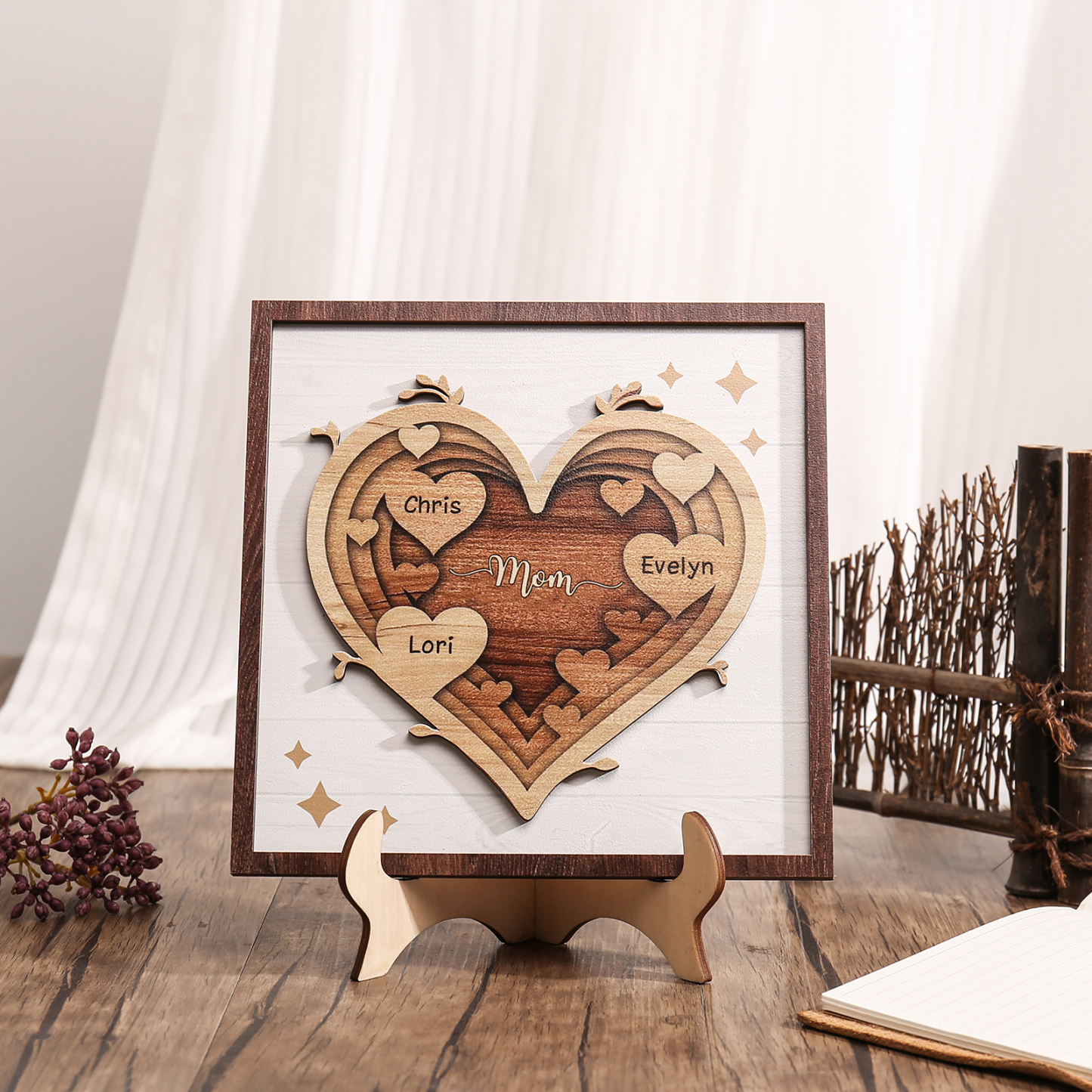 3 Names - Personalized Heart Vintage Wooden Wooden Painting, Home Frame Wooden Decor for Mom