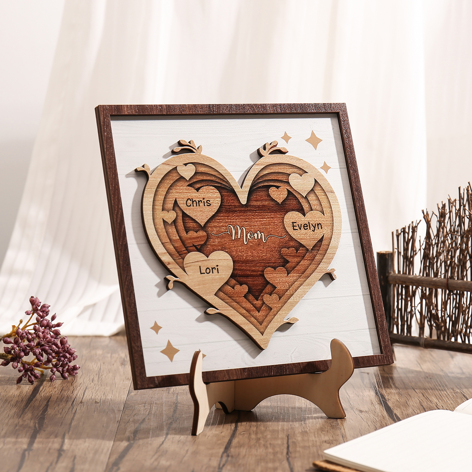 3 Names - Personalized Heart Vintage Wooden Wooden Painting, Home Frame Wooden Decor for Mom