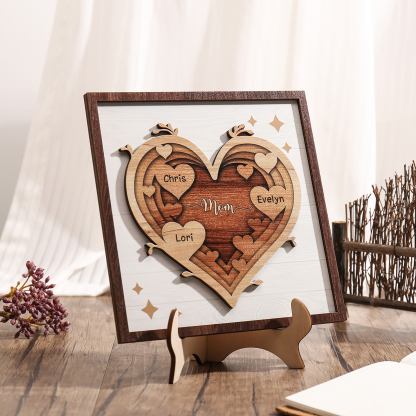 3 Names - Personalized Heart Vintage Wooden Wooden Painting, Home Frame Wooden Decor for Mom