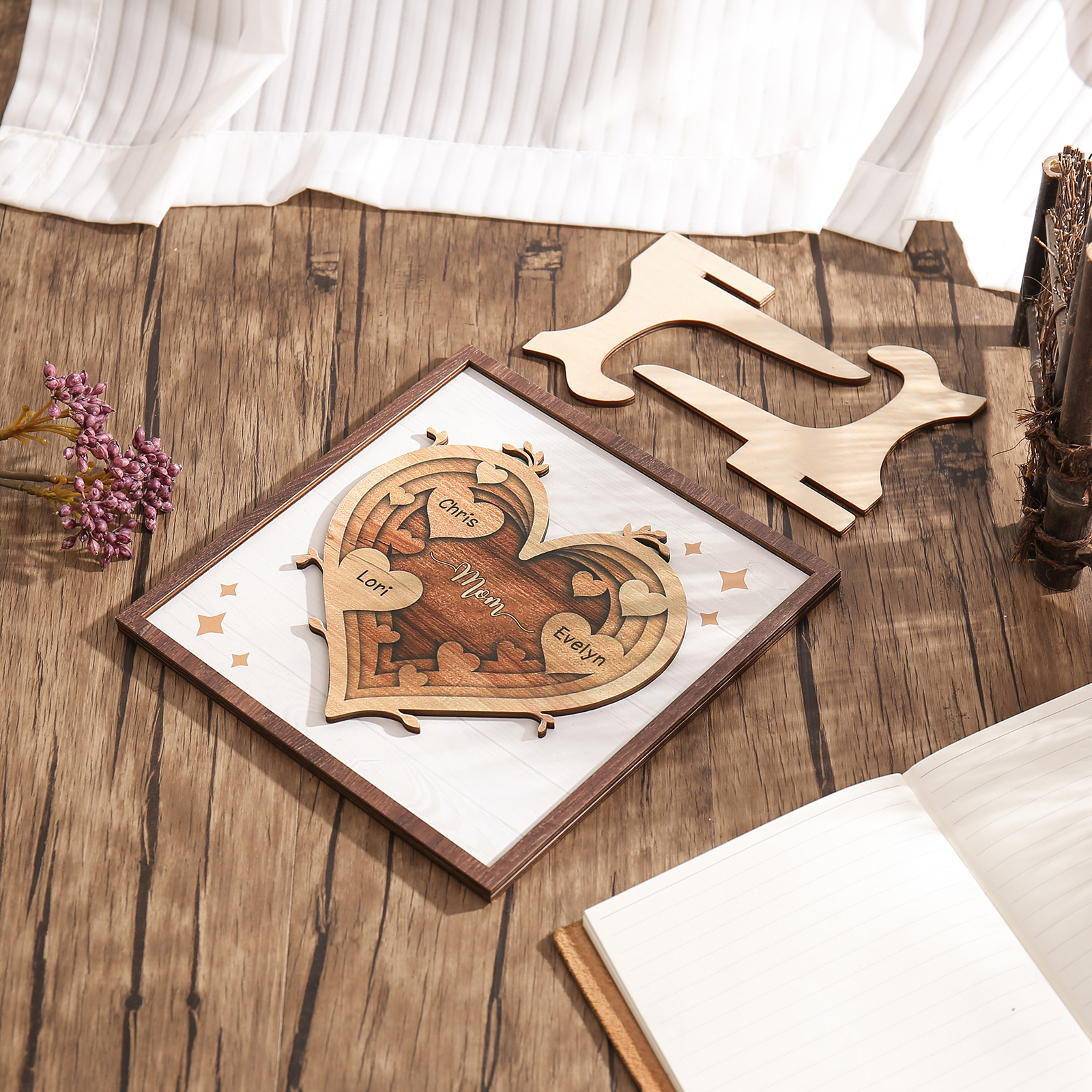 3 Names - Personalized Heart Vintage Wooden Wooden Painting, Home Frame Wooden Decor for Mom