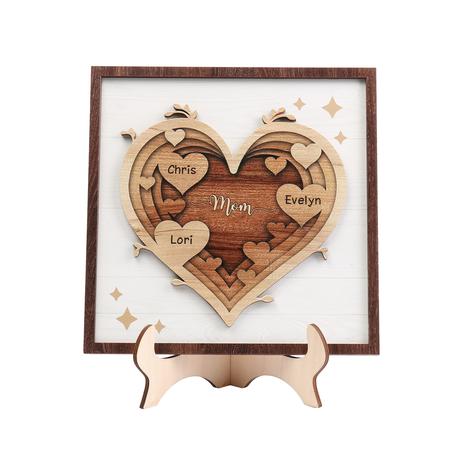 3 Names - Personalized Heart Vintage Wooden Wooden Painting, Home Frame Wooden Decor for Mom