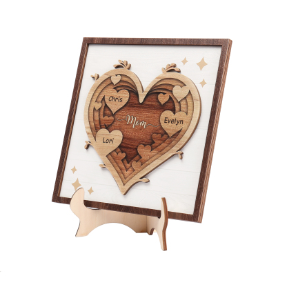 3 Names - Personalized Heart Vintage Wooden Wooden Painting, Home Frame Wooden Decor for Mom