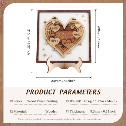 4 Names - Personalized Heart Vintage Wooden Wooden Painting, Home Frame Wooden Decor for Mom