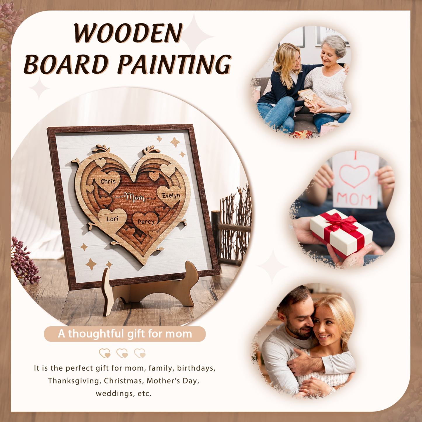 4 Names - Personalized Heart Vintage Wooden Wooden Painting, Home Frame Wooden Decor for Mom