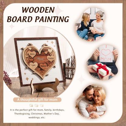 4 Names - Personalized Heart Vintage Wooden Wooden Painting, Home Frame Wooden Decor for Mom