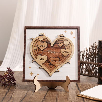4 Names - Personalized Heart Vintage Wooden Wooden Painting, Home Frame Wooden Decor for Mom