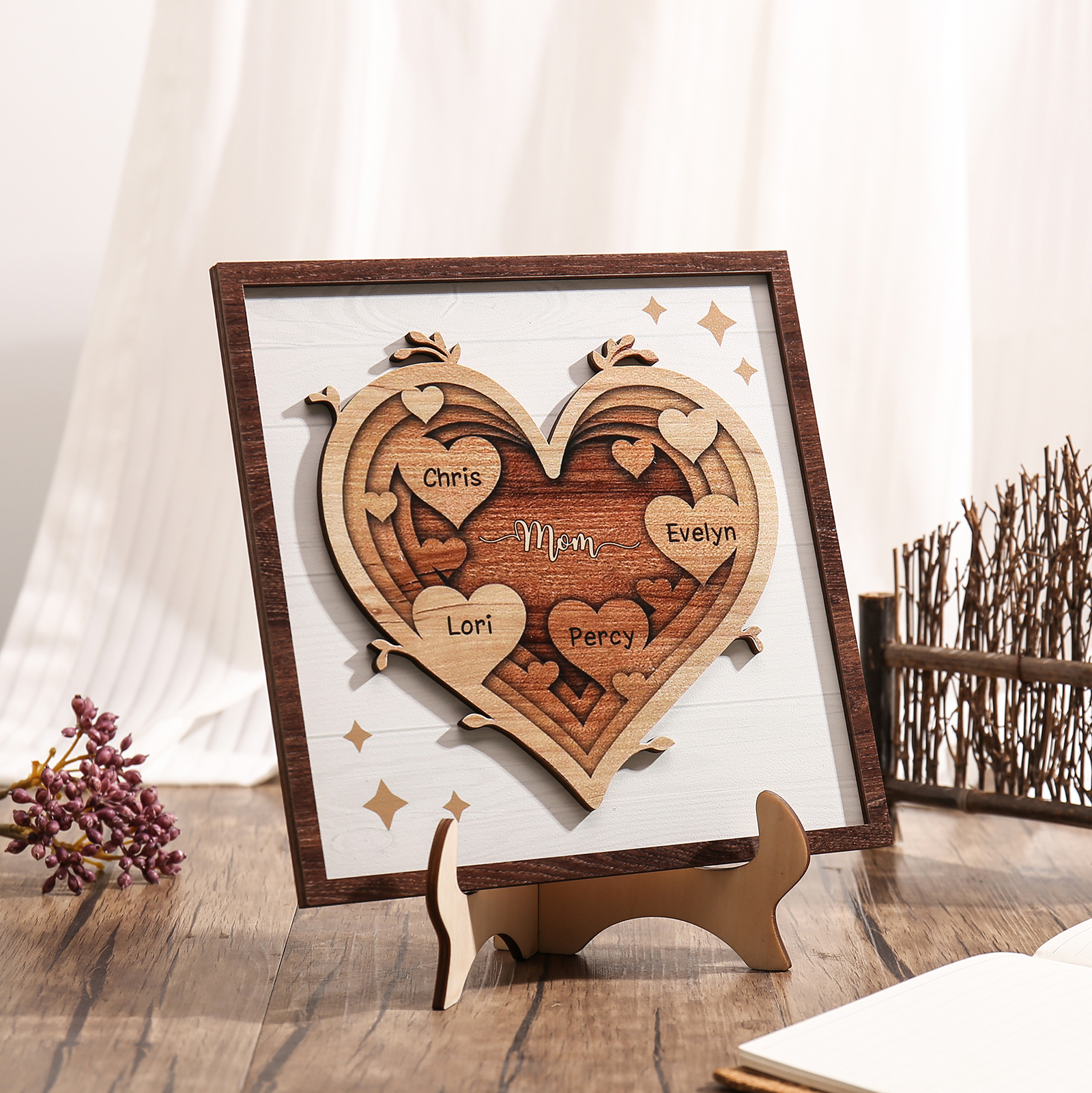 4 Names - Personalized Heart Vintage Wooden Wooden Painting, Home Frame Wooden Decor for Mom