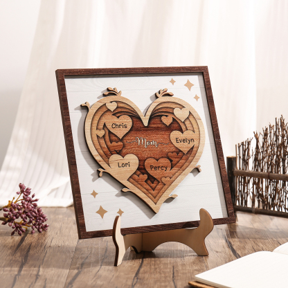 4 Names - Personalized Heart Vintage Wooden Wooden Painting, Home Frame Wooden Decor for Mom