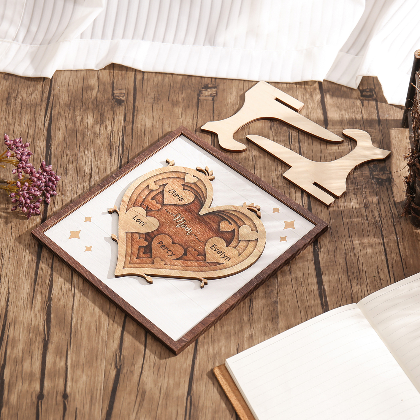 4 Names - Personalized Heart Vintage Wooden Wooden Painting, Home Frame Wooden Decor for Mom