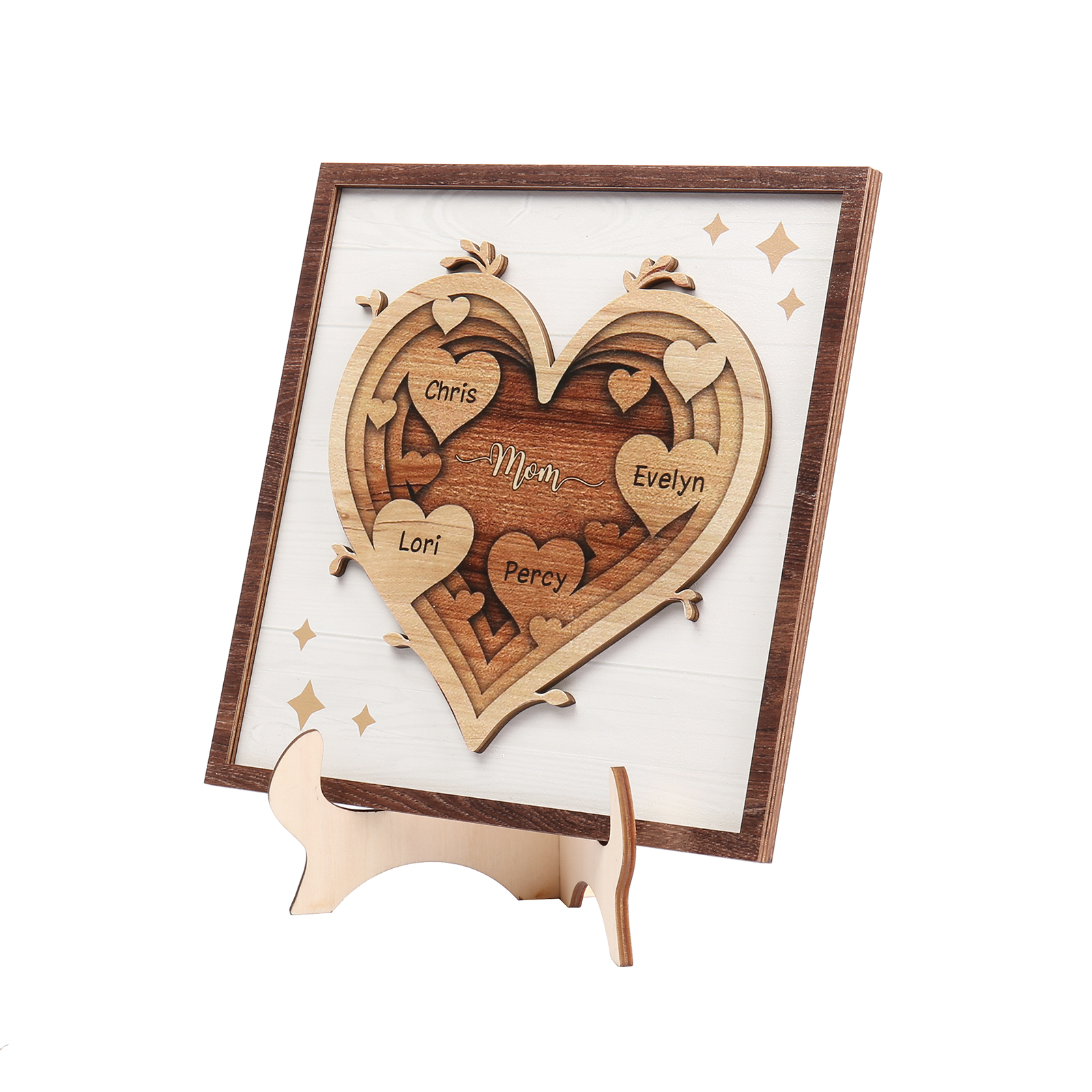 4 Names - Personalized Heart Vintage Wooden Wooden Painting, Home Frame Wooden Decor for Mom