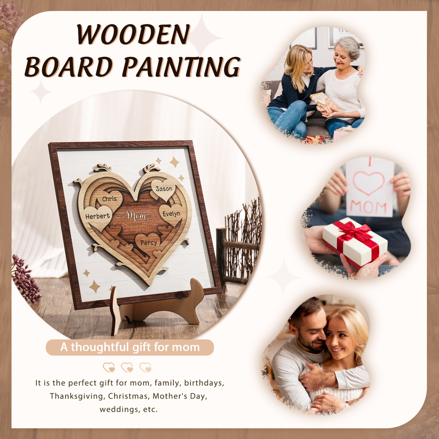 5 Names - Personalized Heart Vintage Wooden Wooden Painting, Home Frame Wooden Decor for Mom