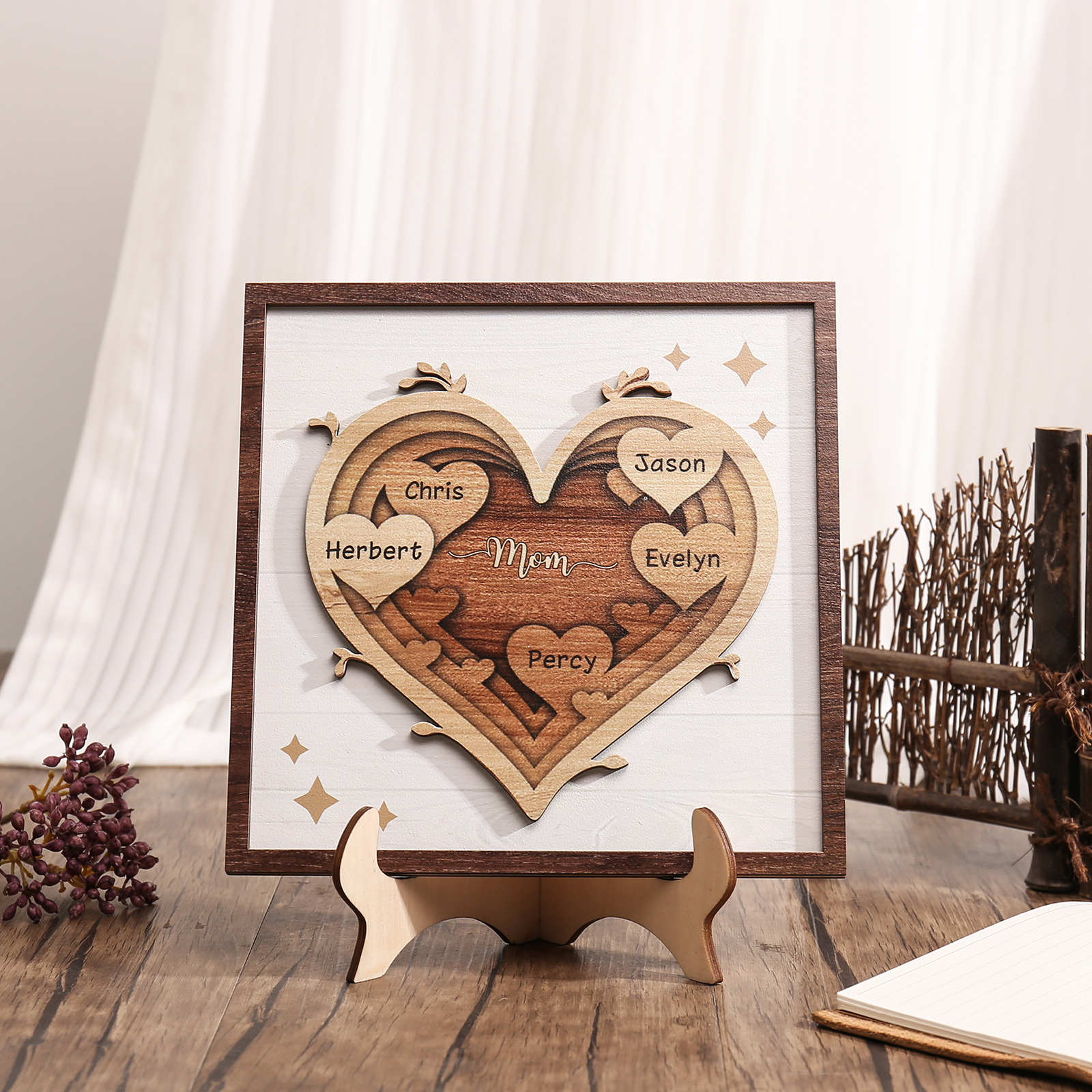 5 Names - Personalized Heart Vintage Wooden Wooden Painting, Home Frame Wooden Decor for Mom