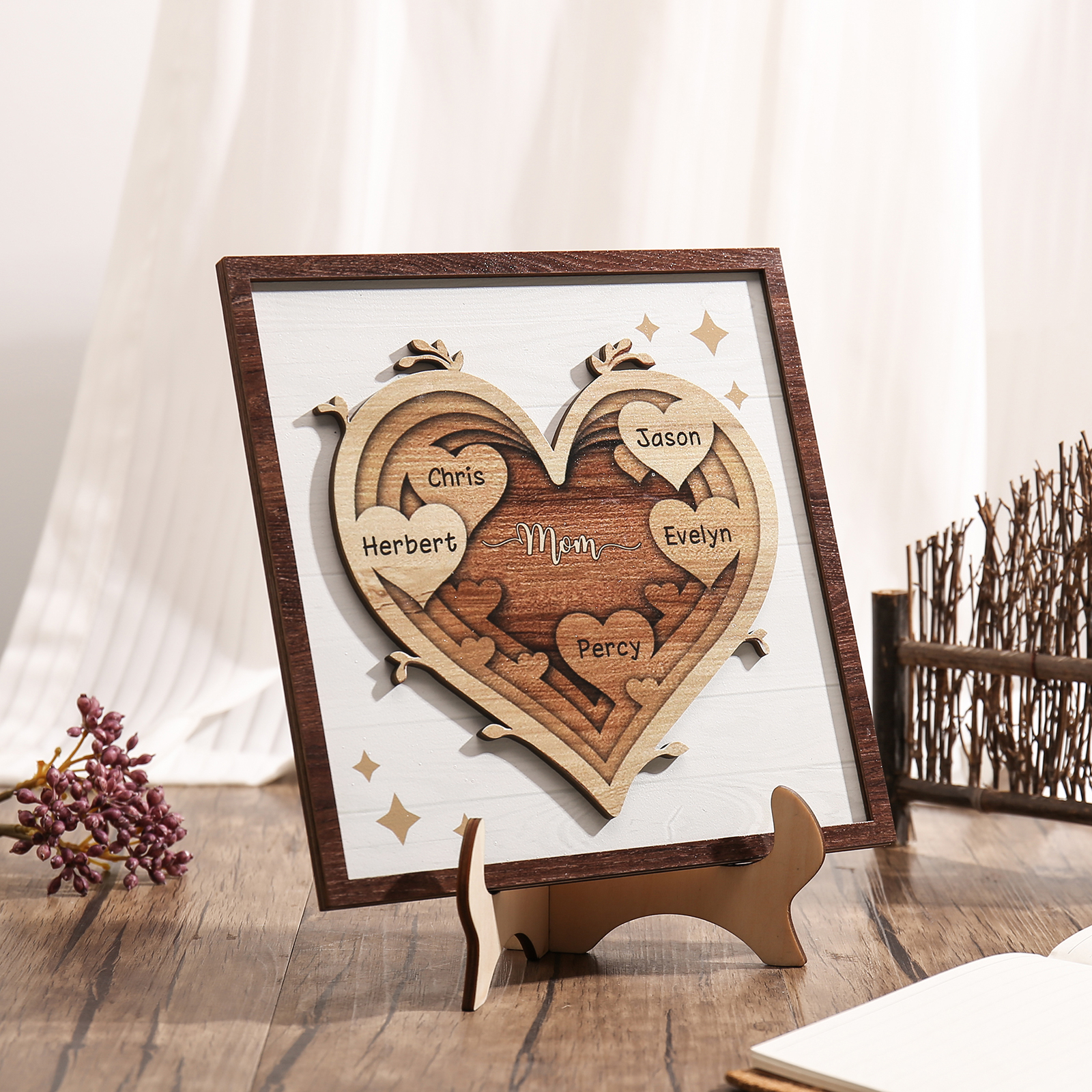 5 Names - Personalized Heart Vintage Wooden Wooden Painting, Home Frame Wooden Decor for Mom