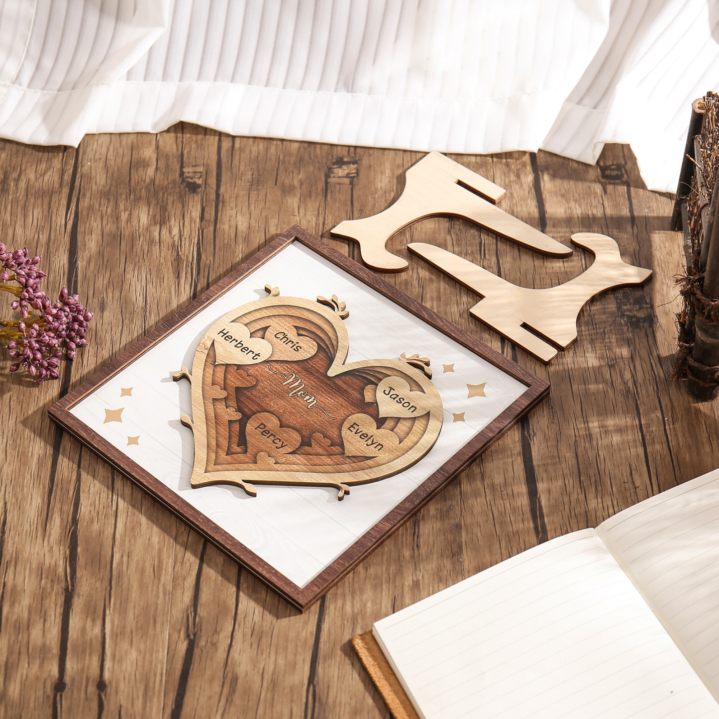 5 Names - Personalized Heart Vintage Wooden Wooden Painting, Home Frame Wooden Decor for Mom