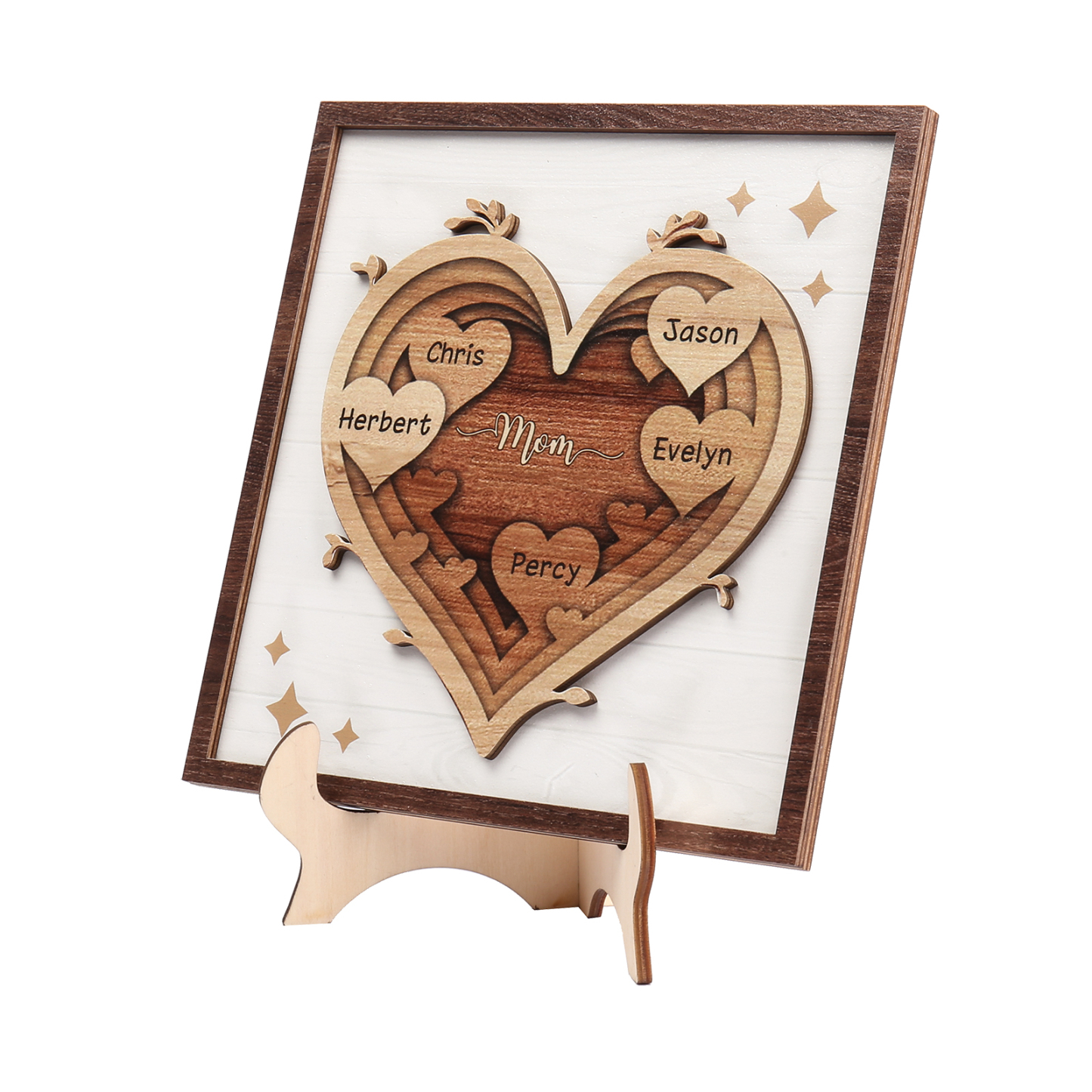 5 Names - Personalized Heart Vintage Wooden Wooden Painting, Home Frame Wooden Decor for Mom
