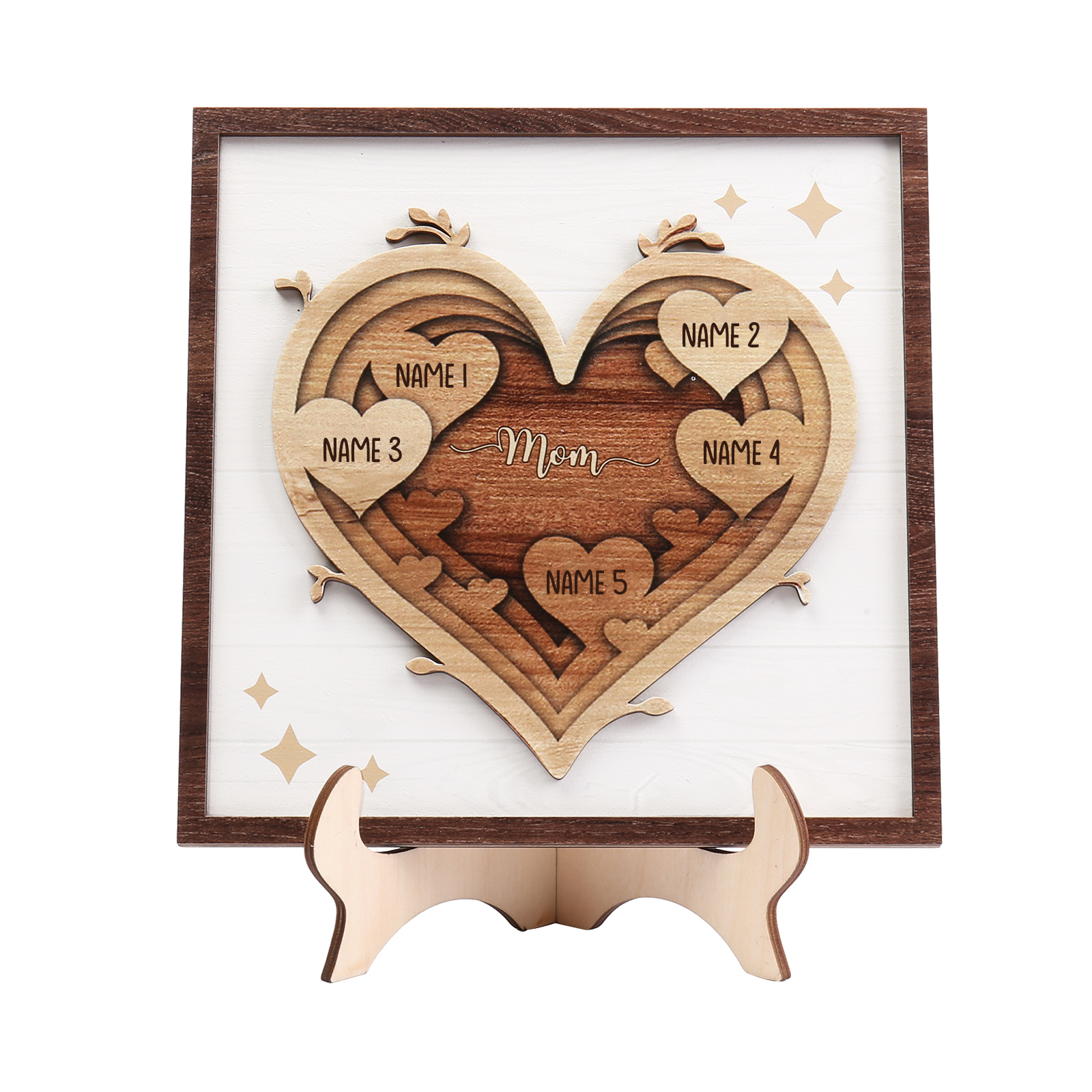 5 Names - Personalized Heart Vintage Wooden Wooden Painting, Home Frame Wooden Decor for Mom