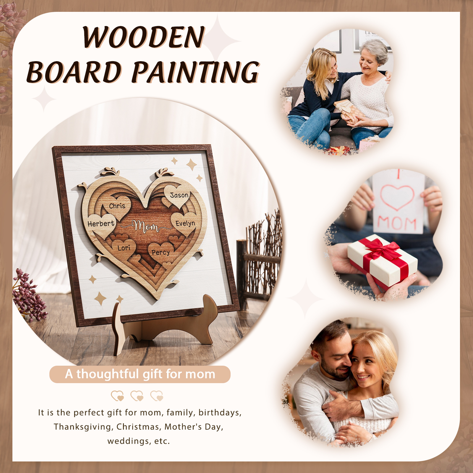 6 Names - Personalized Heart Vintage Wooden Wooden Painting, Home Frame Wooden Decor for Mom