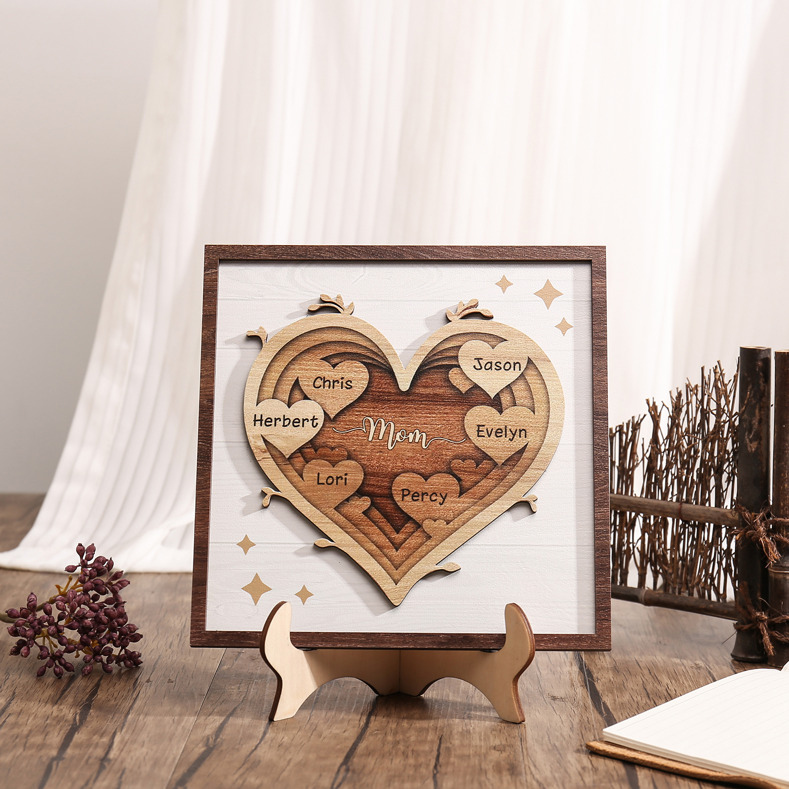 6 Names - Personalized Heart Vintage Wooden Wooden Painting, Home Frame Wooden Decor for Mom