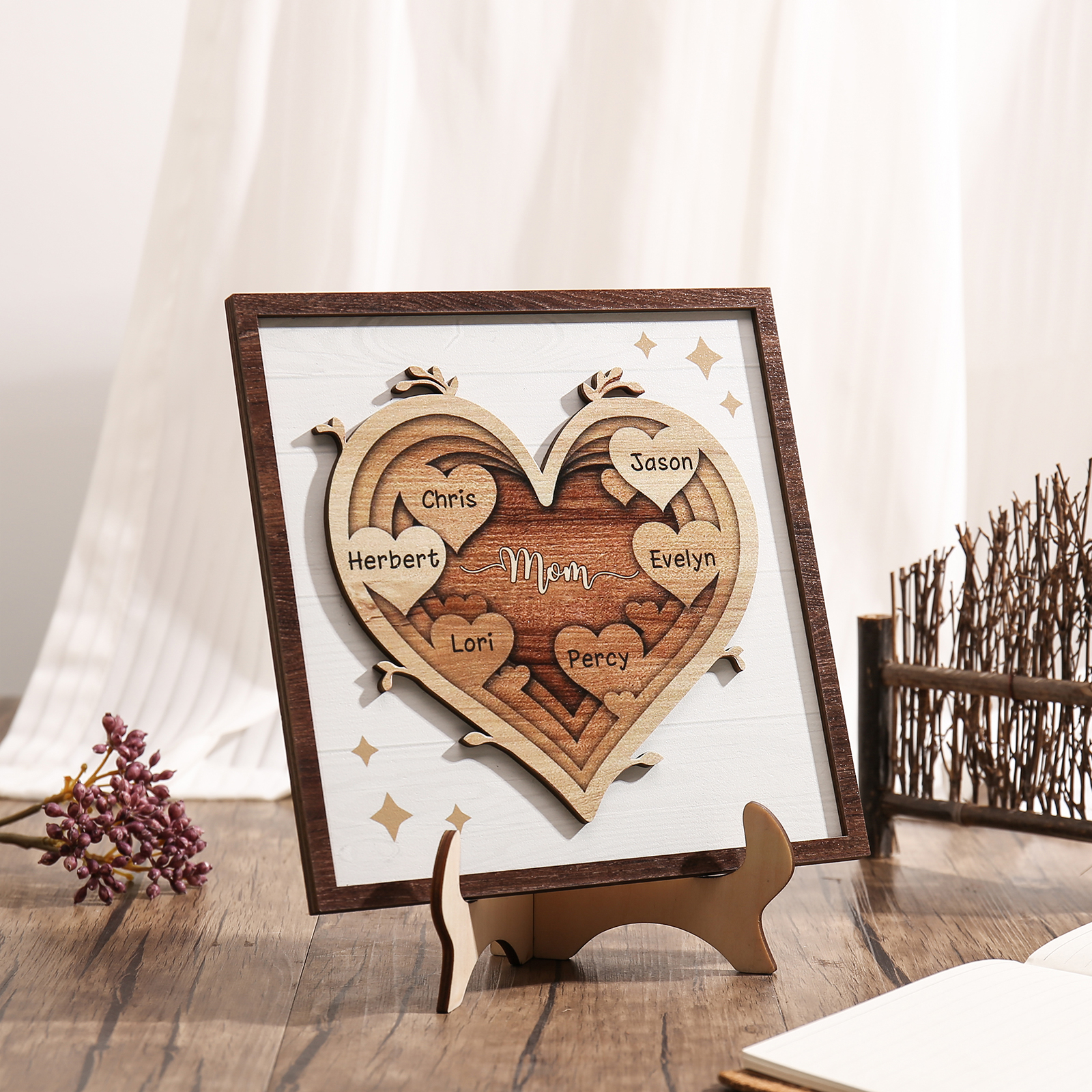 6 Names - Personalized Heart Vintage Wooden Wooden Painting, Home Frame Wooden Decor for Mom