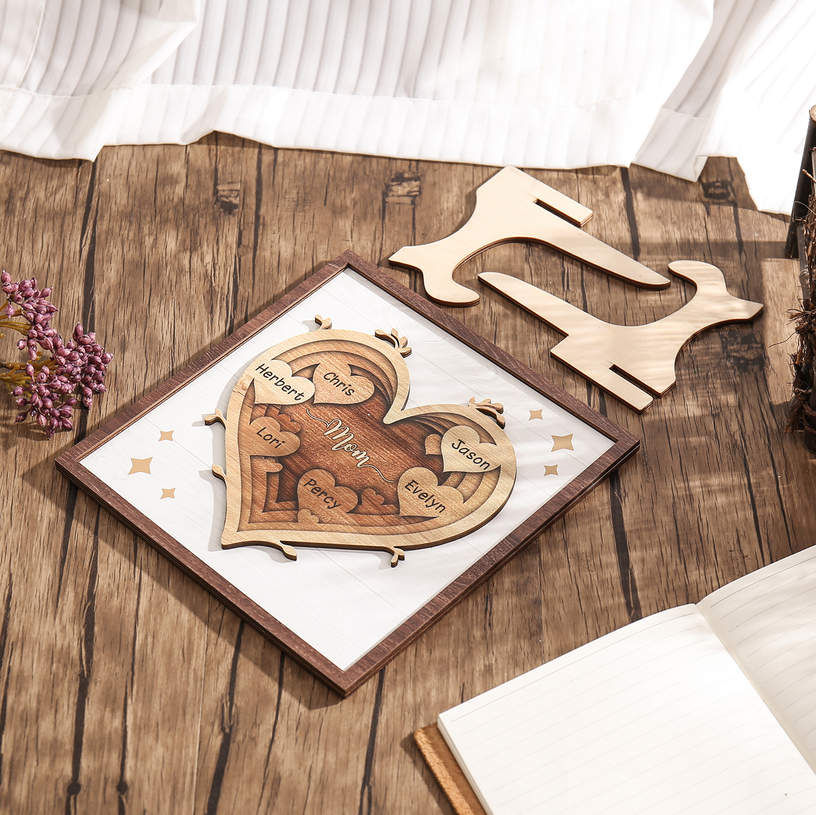 6 Names - Personalized Heart Vintage Wooden Wooden Painting, Home Frame Wooden Decor for Mom