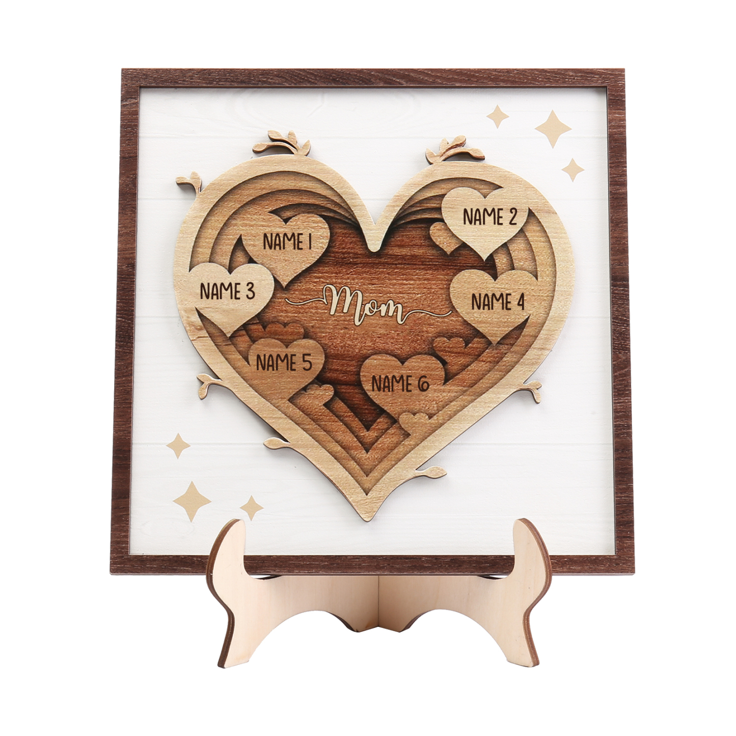 6 Names - Personalized Heart Vintage Wooden Wooden Painting, Home Frame Wooden Decor for Mom