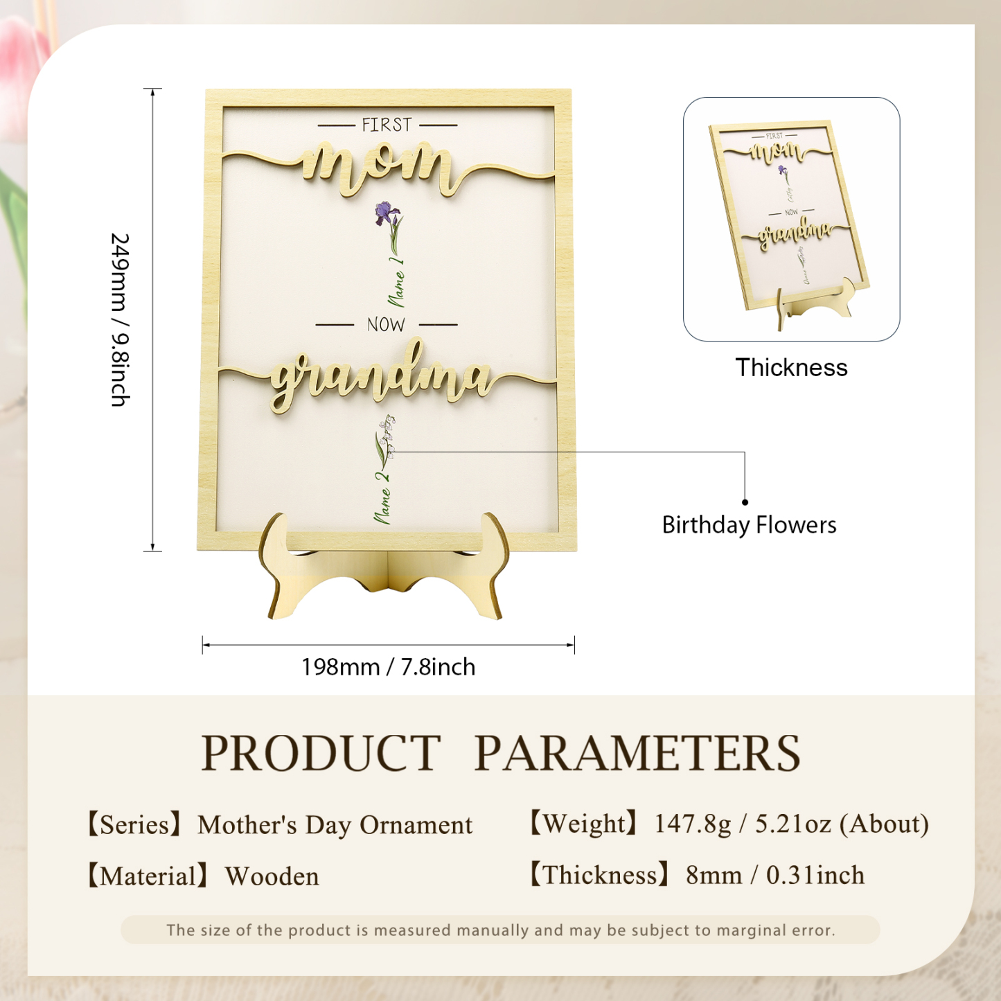 2 Names - Personalized Customized Birth Flower Home Frame Wooden Decoration for Mom/Grandma