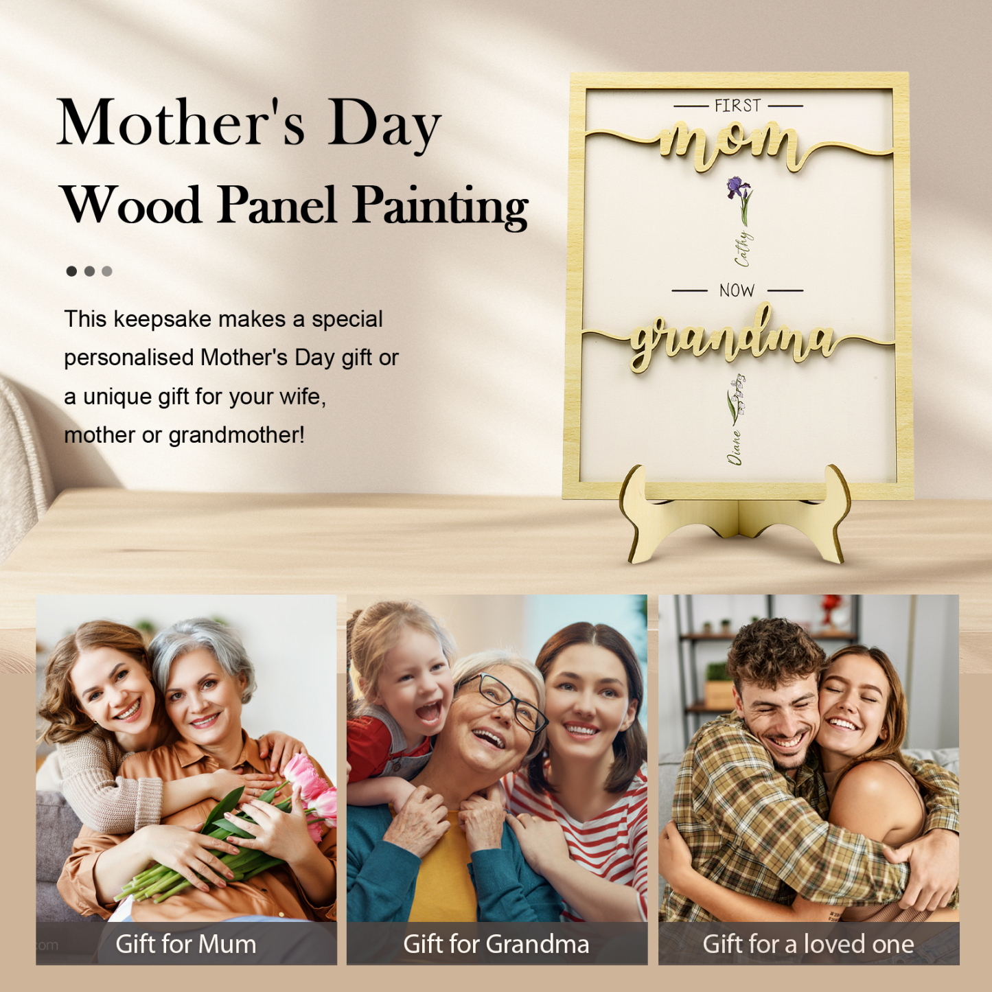 2 Names - Personalized Customized Birth Flower Home Frame Wooden Decoration for Mom/Grandma