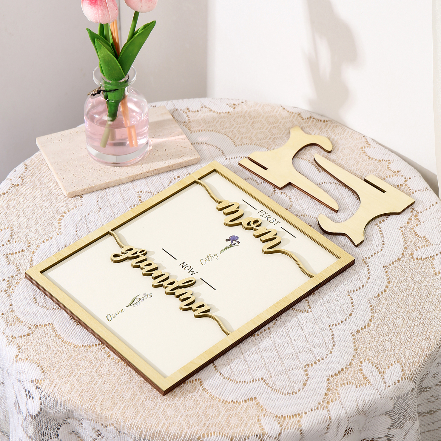 2 Names - Personalized Customized Birth Flower Home Frame Wooden Decoration for Mom/Grandma