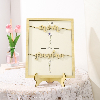 2 Names - Personalized Customized Birth Flower Home Frame Wooden Decoration for Mom/Grandma