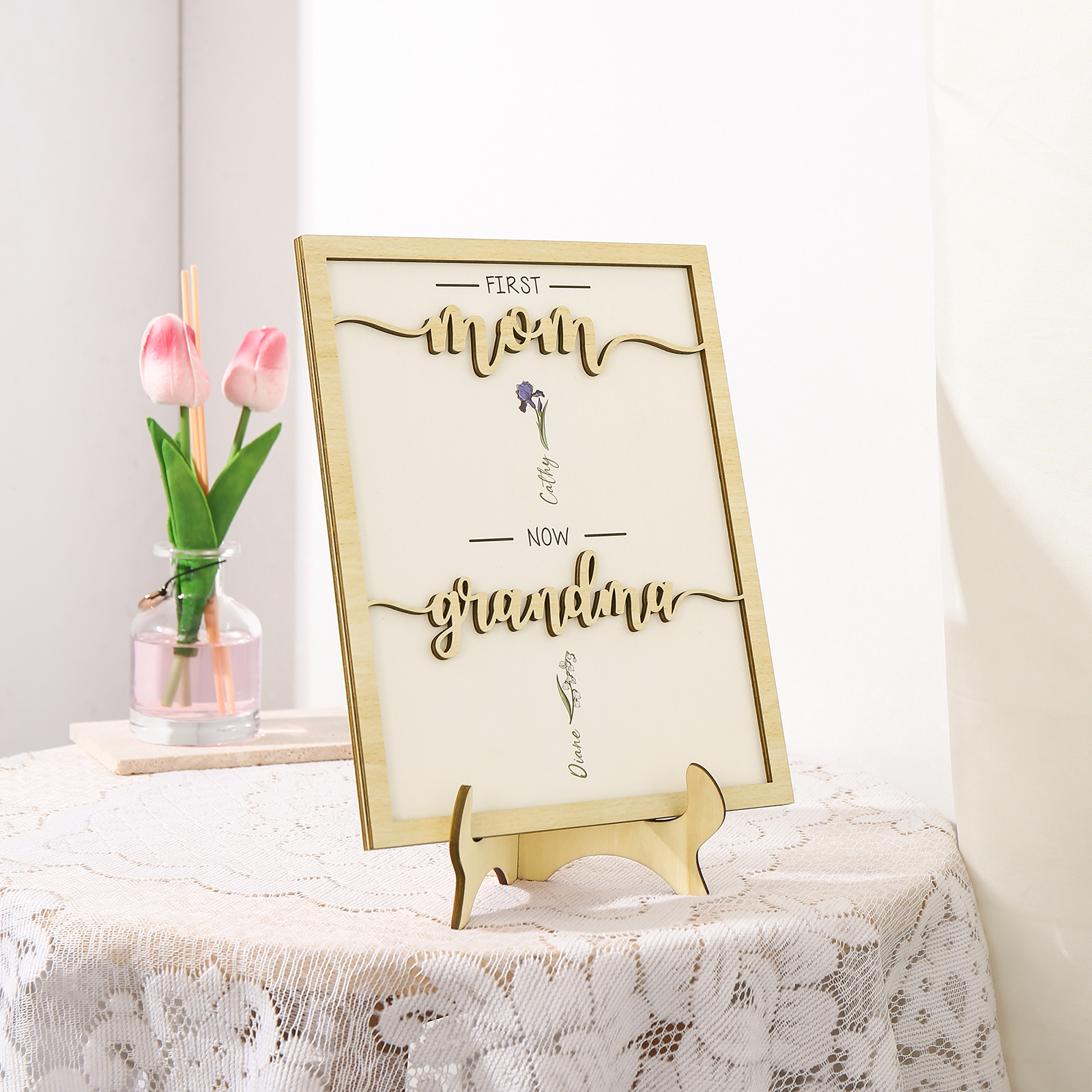 2 Names - Personalized Customized Birth Flower Home Frame Wooden Decoration for Mom/Grandma