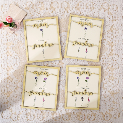 2 Names - Personalized Customized Birth Flower Home Frame Wooden Decoration for Mom/Grandma