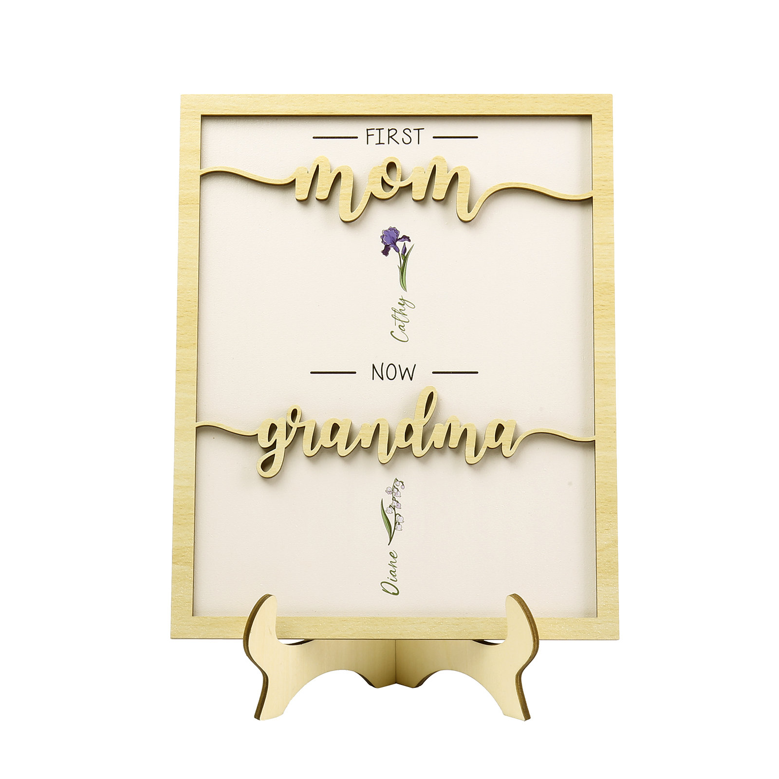 2 Names - Personalized Customized Birth Flower Home Frame Wooden Decoration for Mom/Grandma