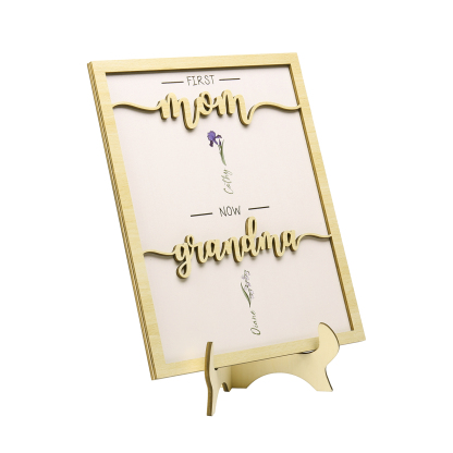 2 Names - Personalized Customized Birth Flower Home Frame Wooden Decoration for Mom/Grandma