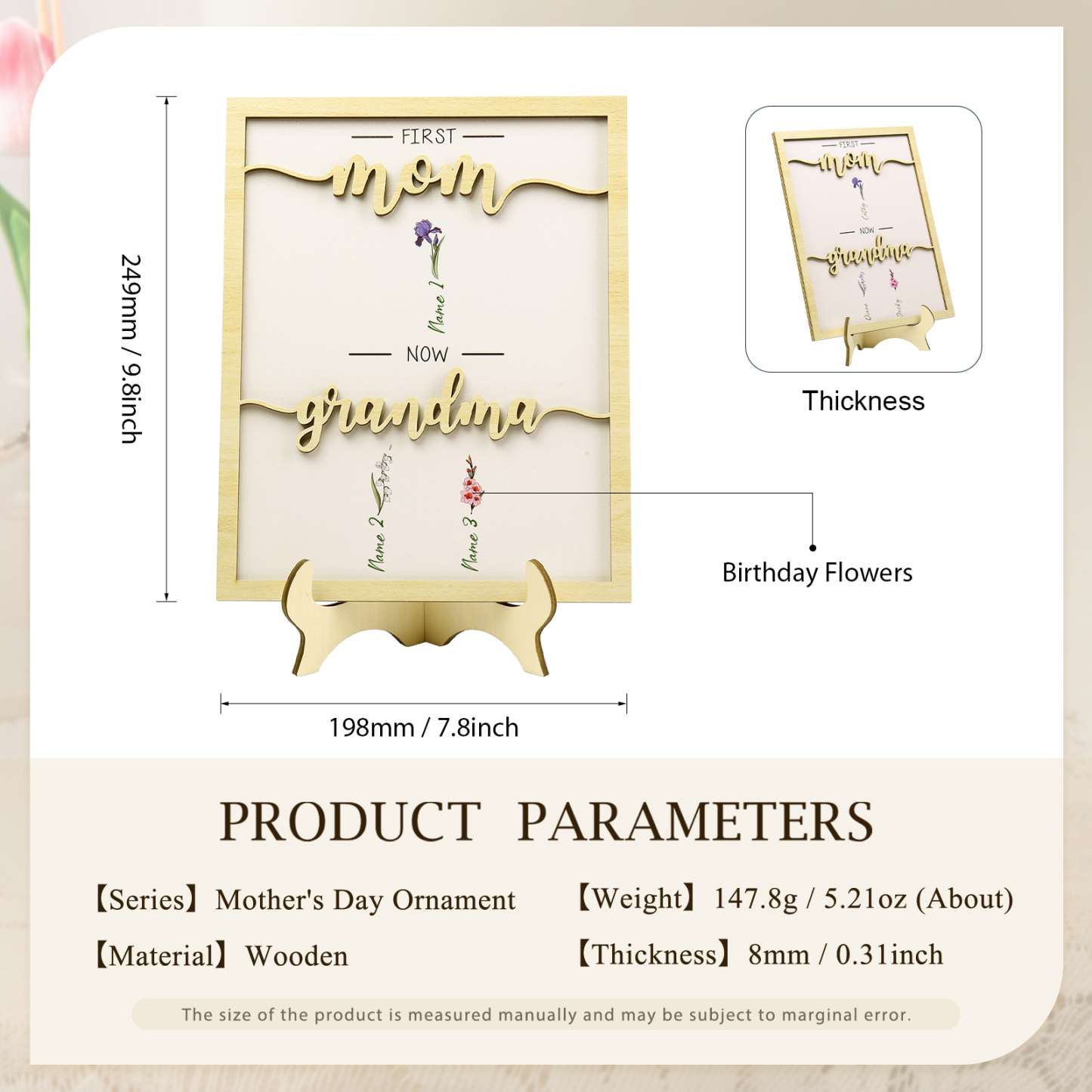 3 Names - Personalized Customized Birth Flower Home Frame Wooden Decoration for Mom/Grandma