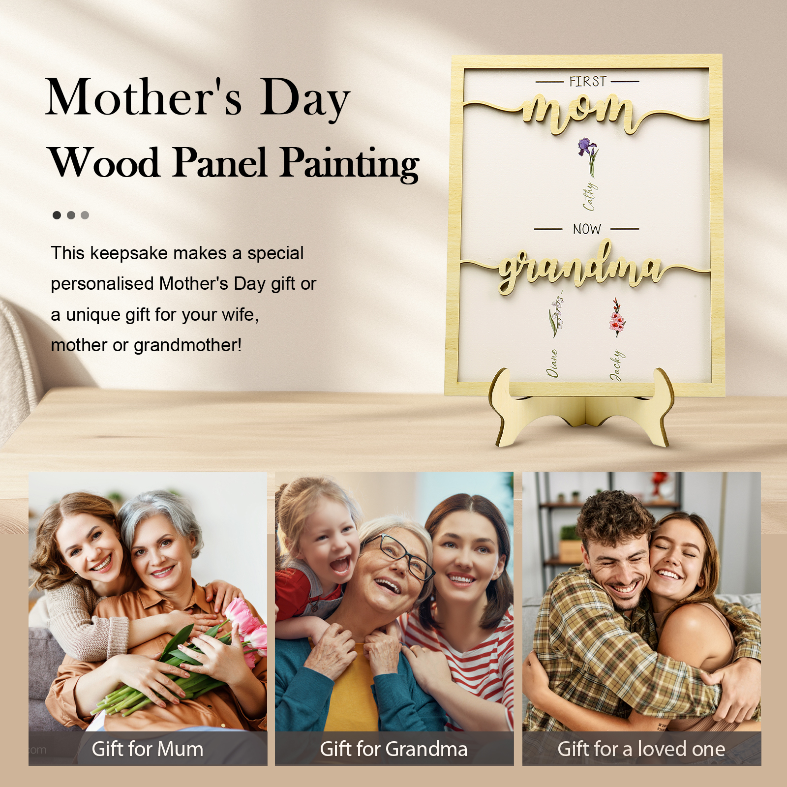 3 Names - Personalized Customized Birth Flower Home Frame Wooden Decoration for Mom/Grandma