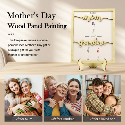 3 Names - Personalized Customized Birth Flower Home Frame Wooden Decoration for Mom/Grandma