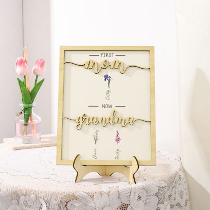 3 Names - Personalized Customized Birth Flower Home Frame Wooden Decoration for Mom/Grandma