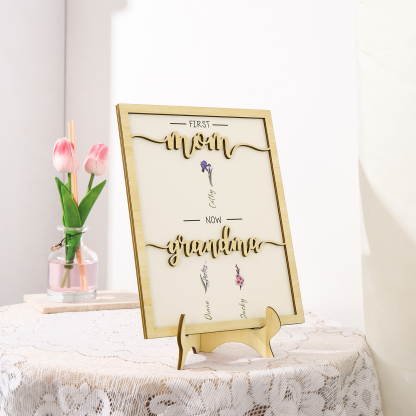 3 Names - Personalized Customized Birth Flower Home Frame Wooden Decoration for Mom/Grandma